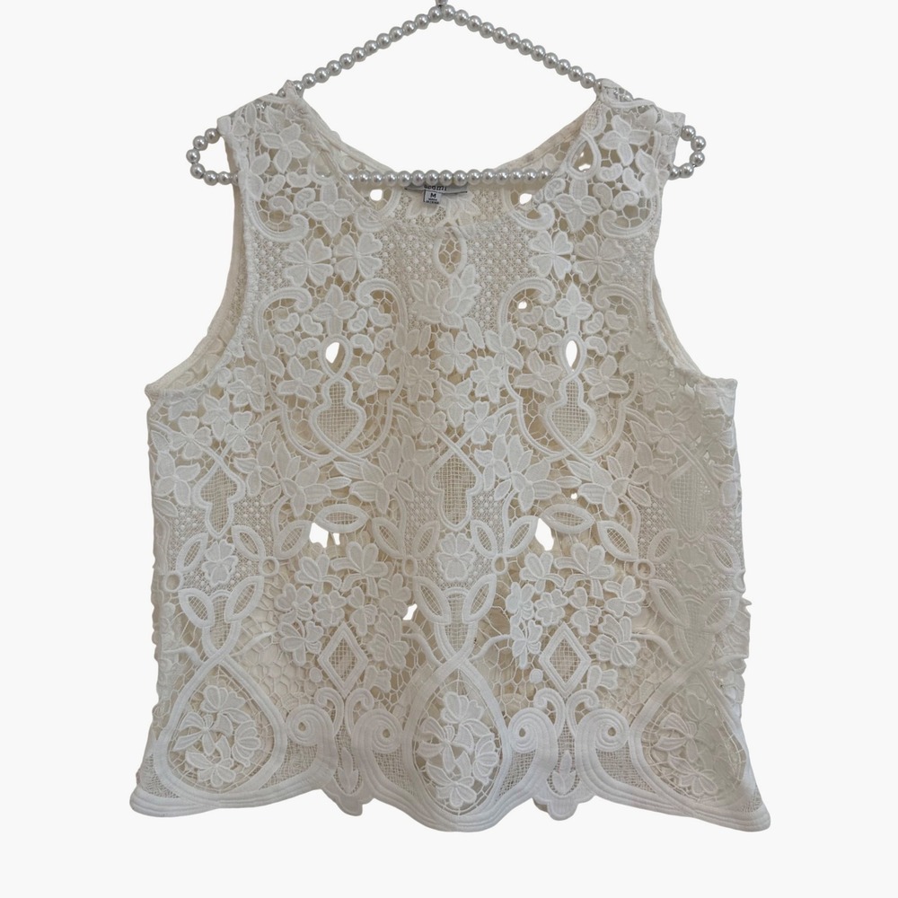Acemi White Floral Guipure Lace Sleeveless Boho Shell Top Scallop Hem M Cottage
